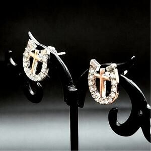 925 Plated Horseshoe Rhinestone Cross Earrings Christmas Birthday Gift